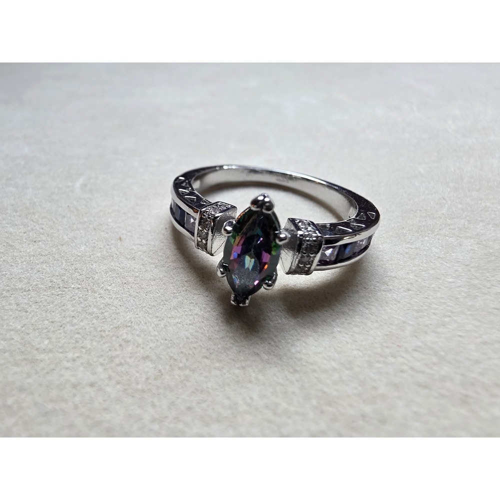 Mystic Topaz Marquise Ring Silver Tone Rainbow Iridescent Size 9.25 Statement